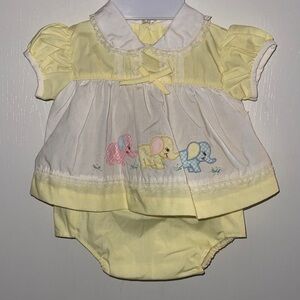 Vintage Yellow Baby Dress Set Plastic Pants Embroidered Elephants Sz 0/6M